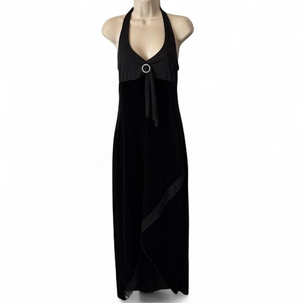 Vintage 90s Ruby Rox Black Velvet Halter Gown, Women's Size M - Picture 1 of 13